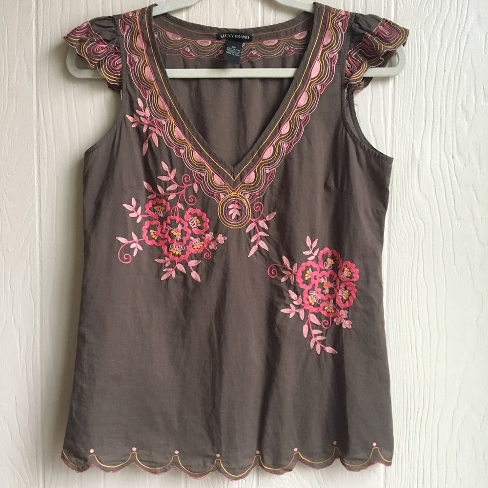 Lucky Brand V-Neck Embroidered Top
